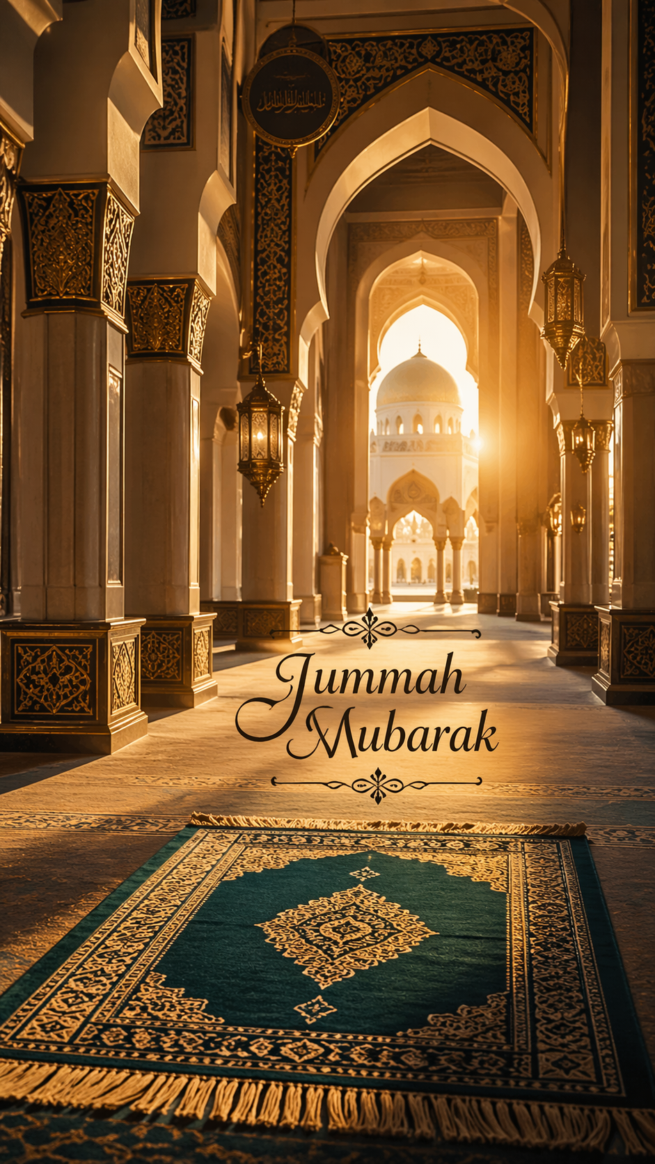 Mosque arched interior with warm light and prayer mat, Jummah Mubarak vertical greeting